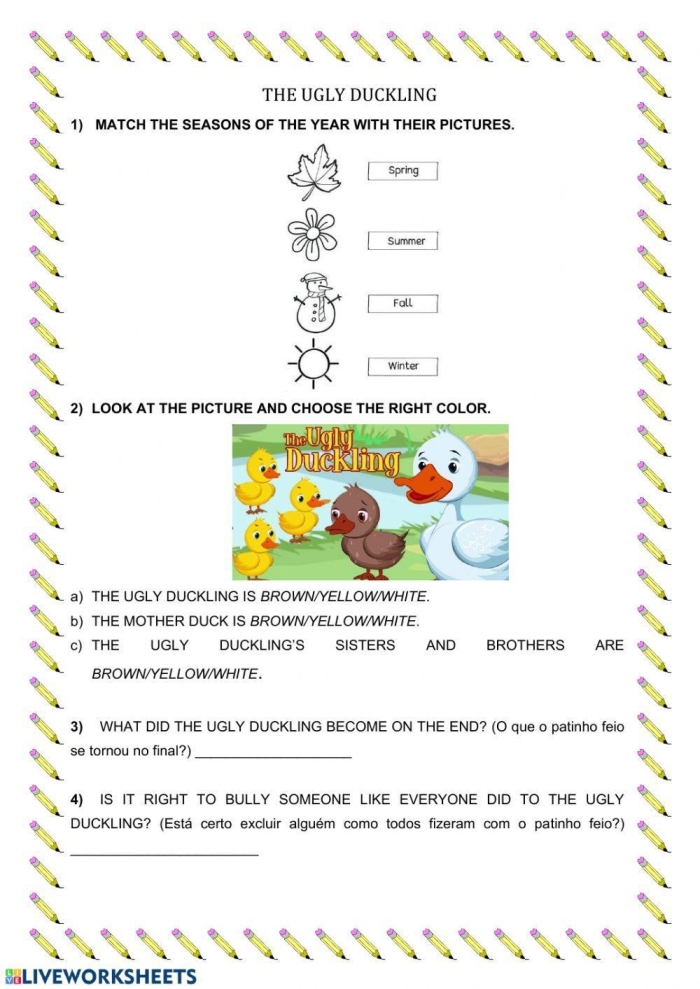 First grade reading worksheet featuring a charming illustration from The Ugly Duckling fable