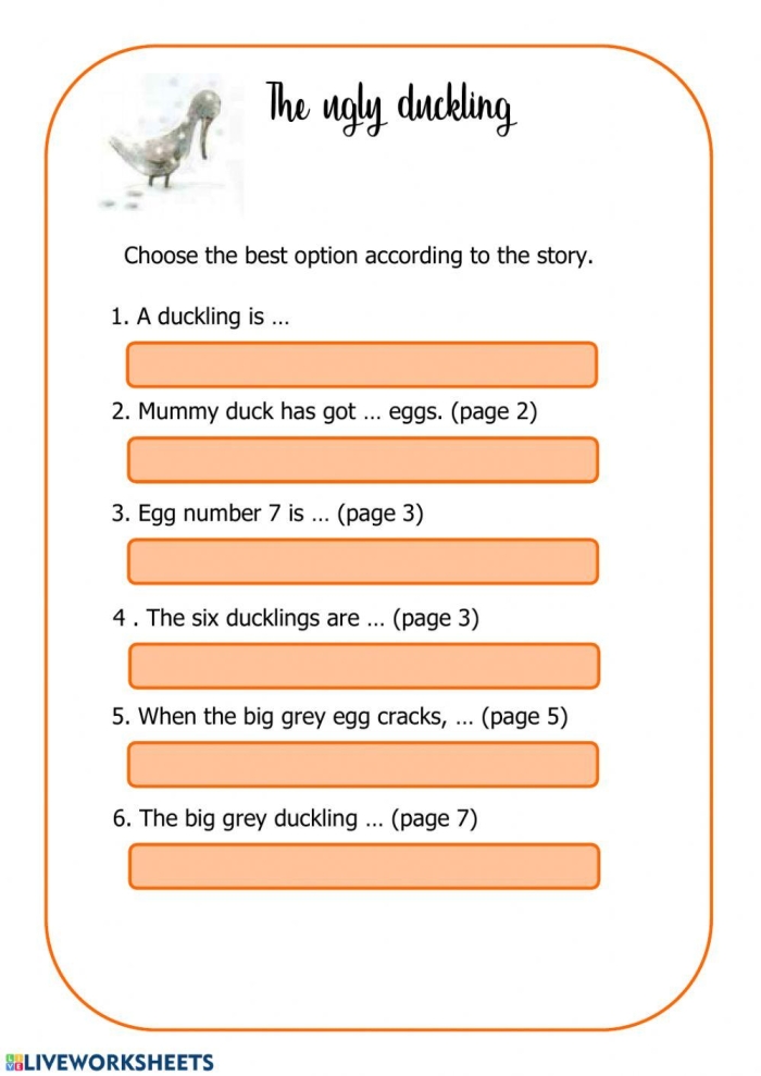 Worksheet featuring scenes from The Ugly Duckling story for comprehension exercises