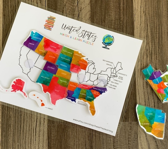 First grade student working on a 50 United States puzzle worksheet to practice map skills