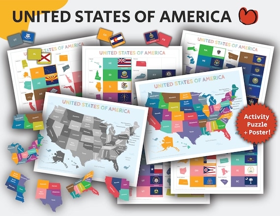 First grade student assembling a 50 United States map puzzle worksheet