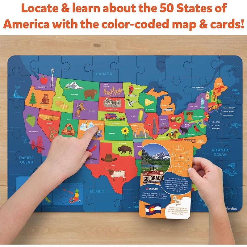 A colorful puzzle worksheet for first graders featuring the 50 states of the United States