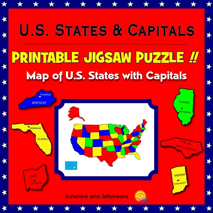 Colorful United States Puzzle worksheet for first graders featuring all 50 states