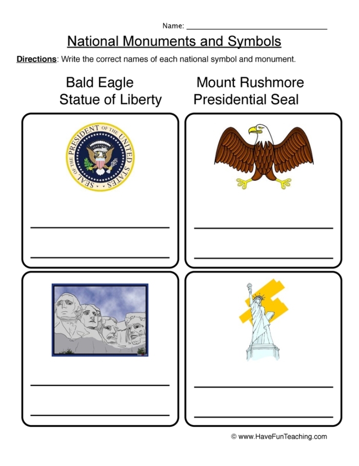 Worksheet featuring symbols of the United States for first graders to explore