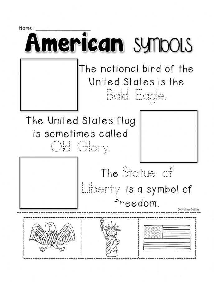 Worksheet featuring United States symbols for children, designed for first graders learning phonics