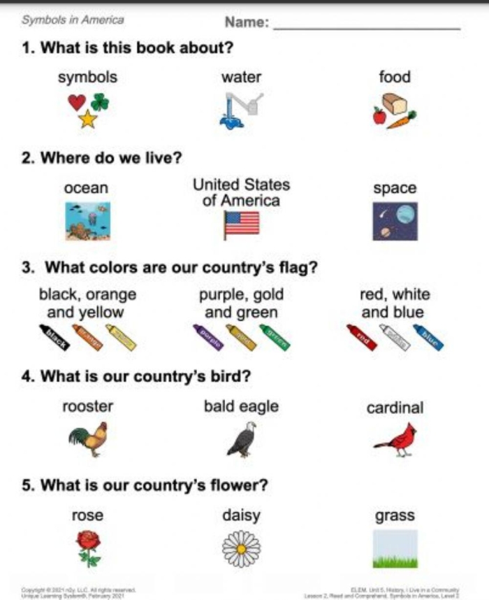 Worksheet featuring United States symbols for children to learn about national identity