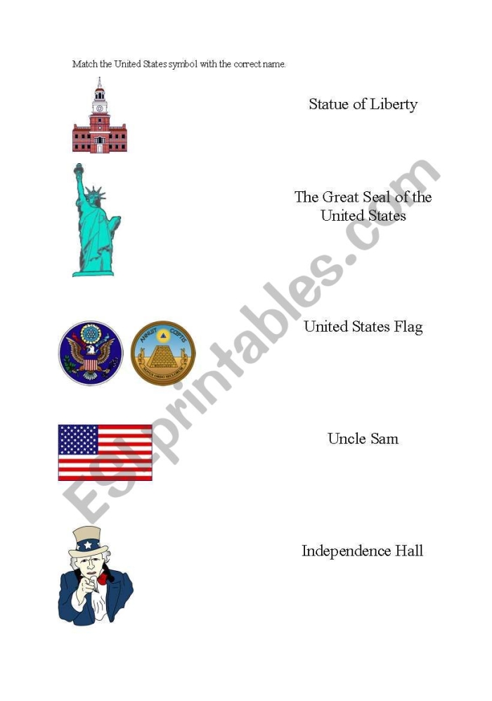 Worksheet featuring United States symbols designed for first graders learning phonics