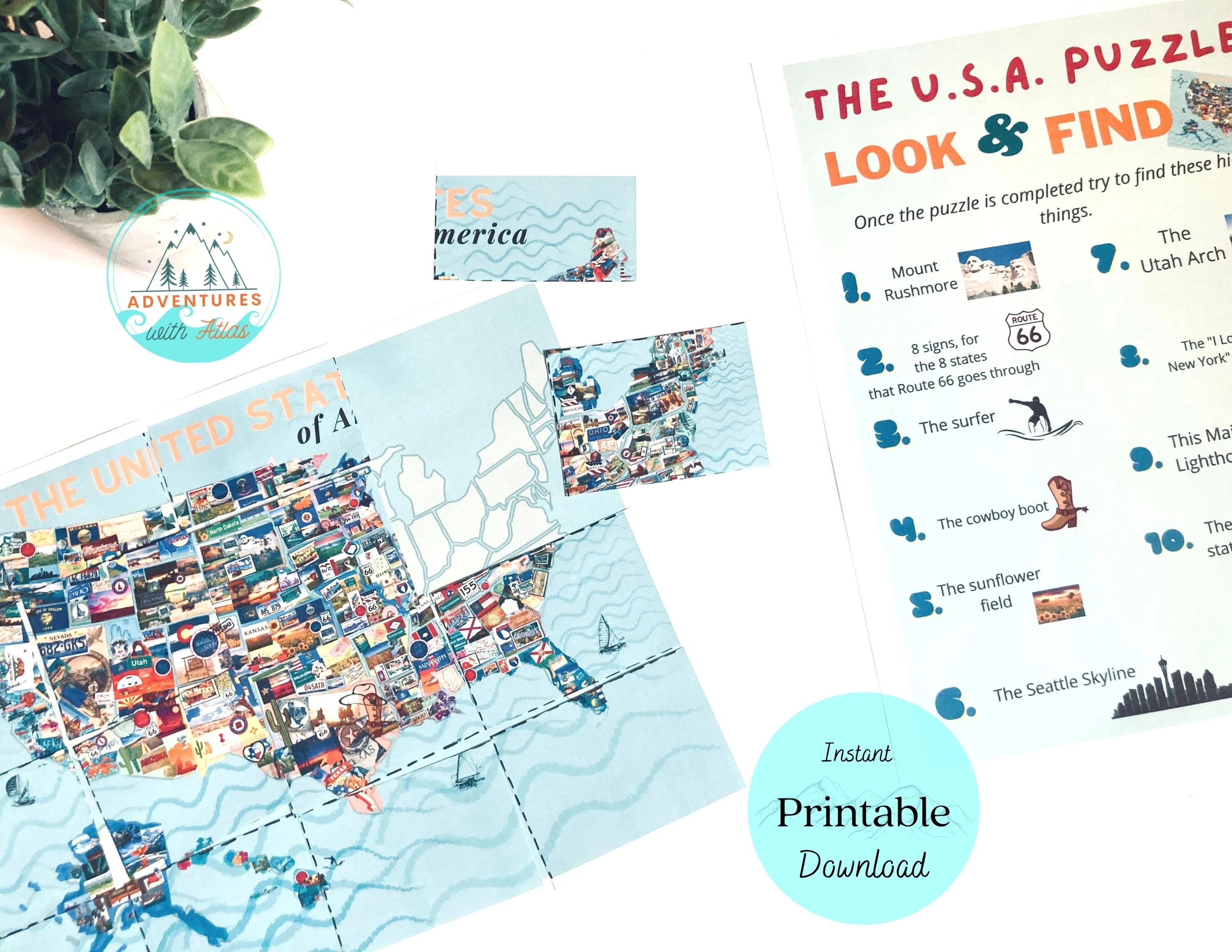 A first-grade student assembling a United States Puzzle worksheet featuring all 50 states