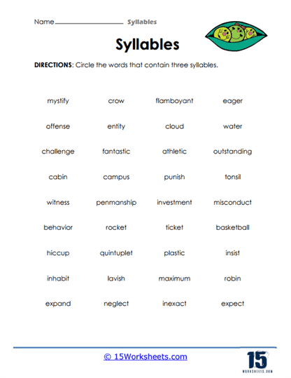 Worksheet for practicing syllable separation using the V/CV pattern