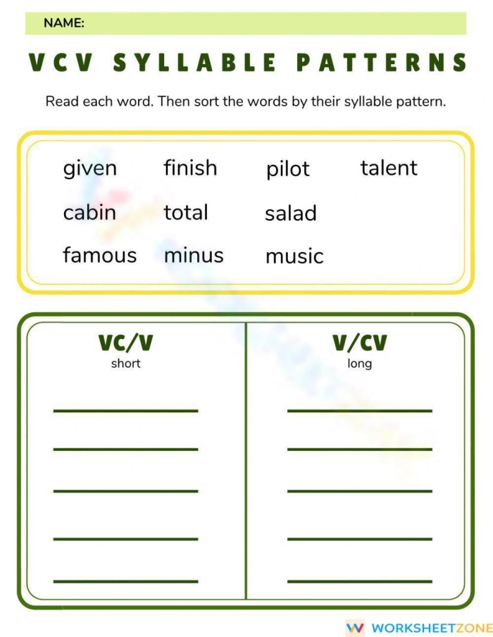 First grade spelling worksheet focusing on the V/CV syllable division pattern for word practice