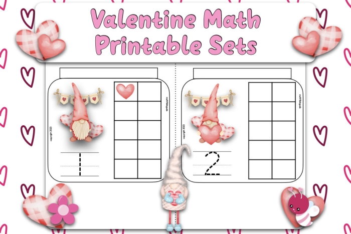 First grade Valentine's Day addition worksheet featuring kisses as visual manipulatives for solving math problems