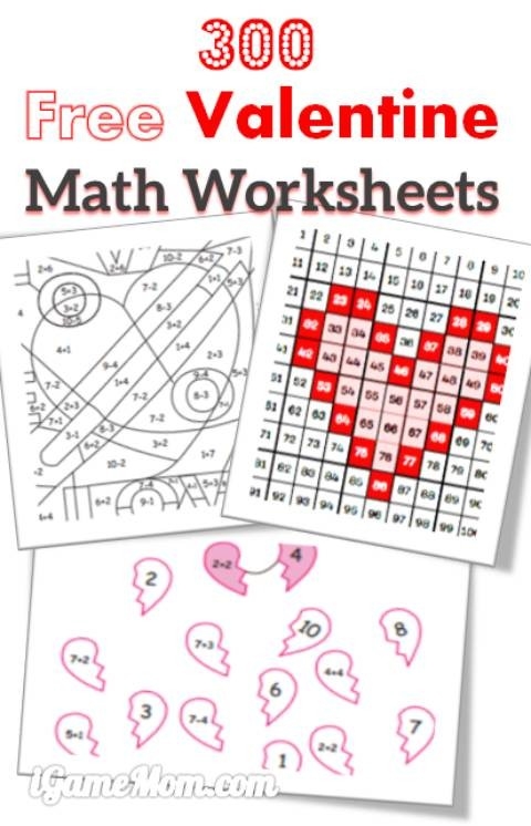 First grade Valentine math worksheet with addition problems featuring candy kiss illustrations