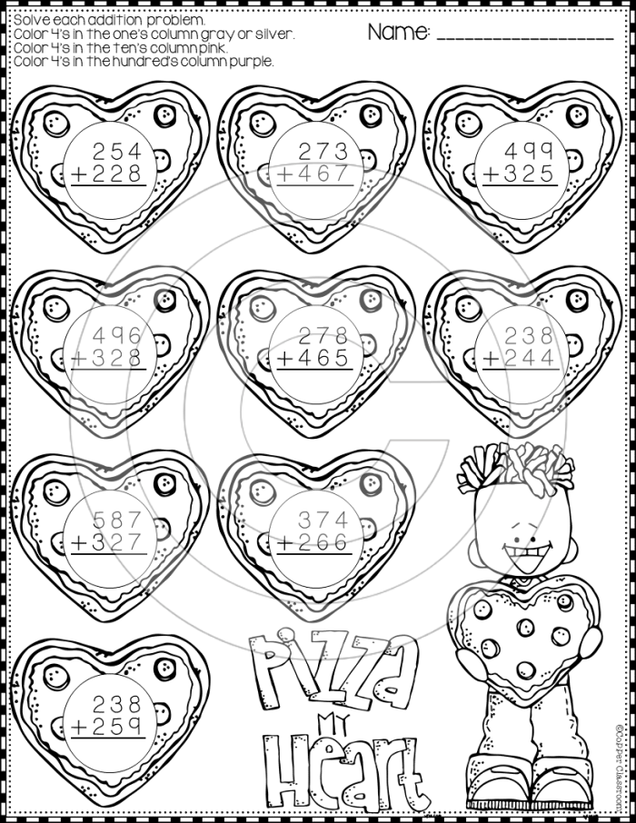 First grade math worksheet featuring festive chocolate kisses to practice addition for Valentine's Day