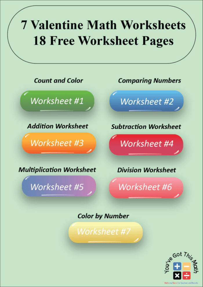 First grade Valentine math worksheet with addition problems featuring Hershey kiss illustrations for counting