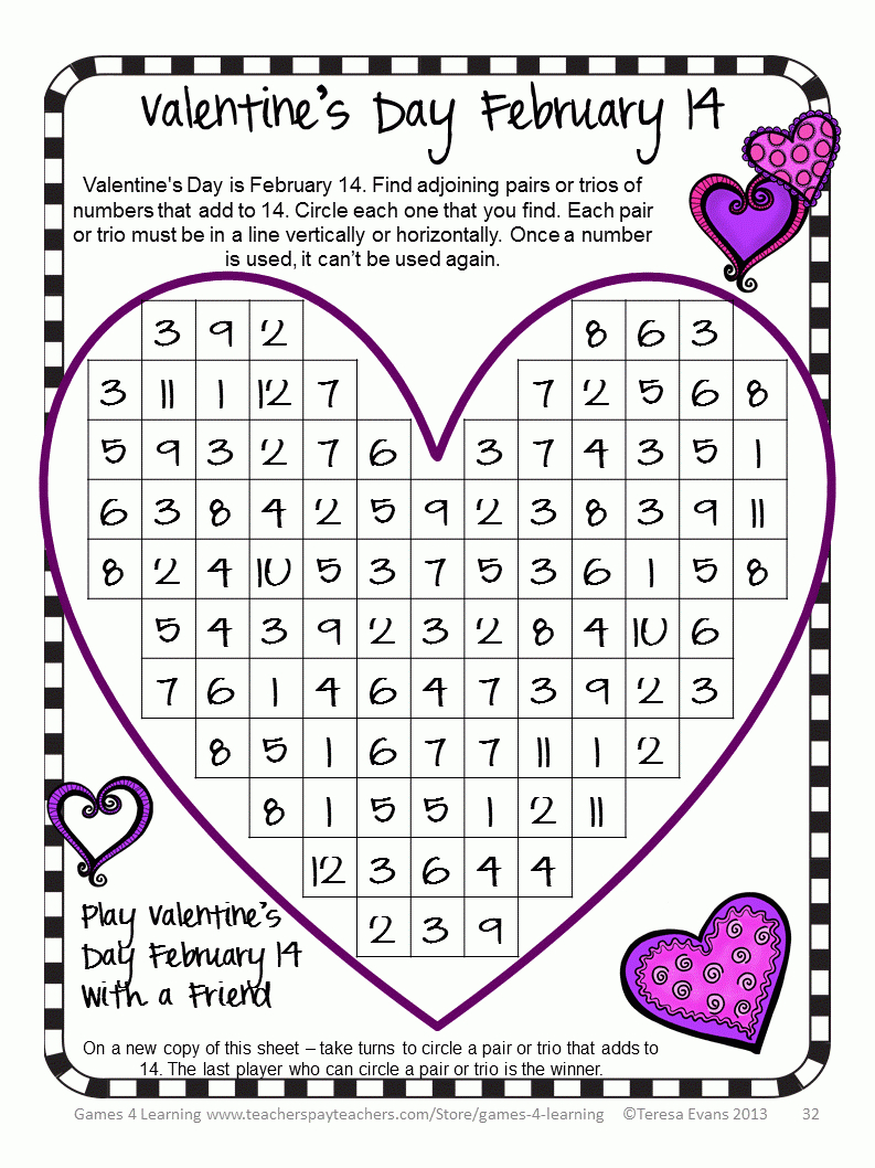 First grade Valentine's Day addition worksheet with kisses used as visual manipulatives to solve math problems