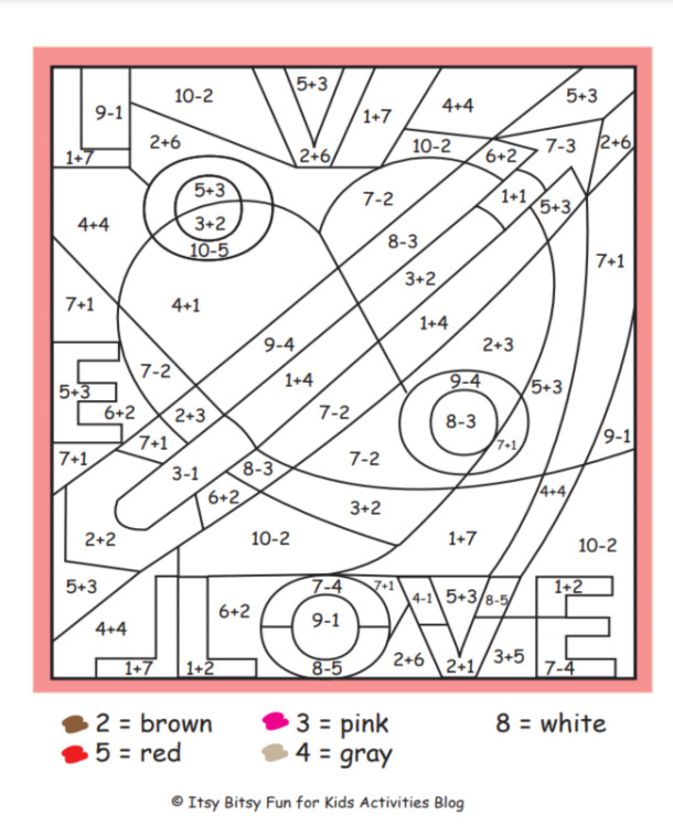 First grade Valentine's Day addition worksheet with kiss candies used as manipulatives to solve math problems