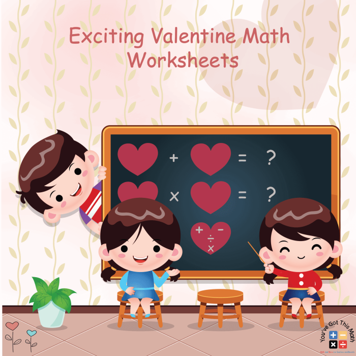 First grade Valentine Math worksheet with addition problems featuring candy kiss illustrations