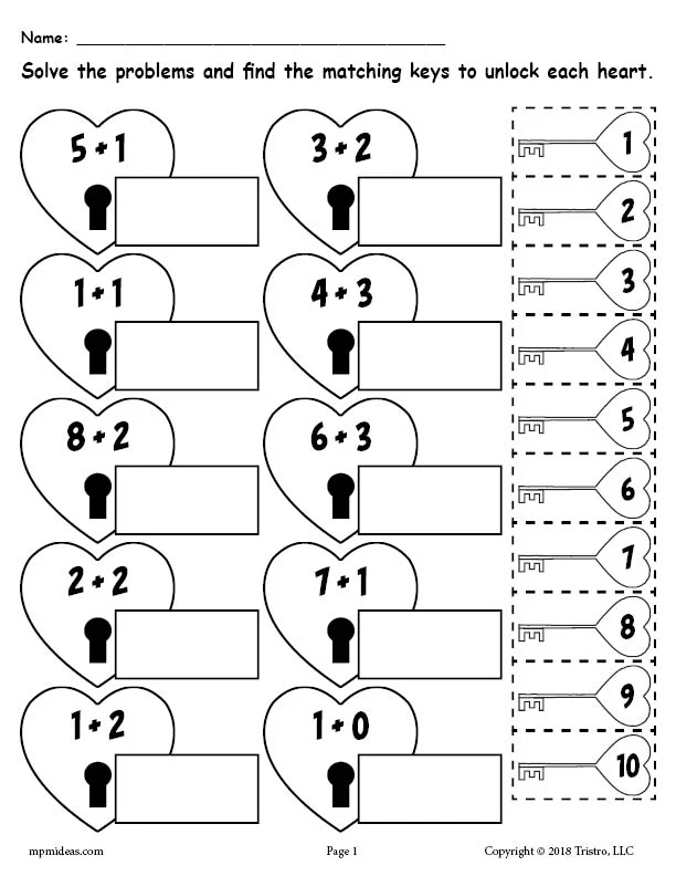 First grade Valentine Math worksheet featuring addition problems with heart-shaped candy illustrations