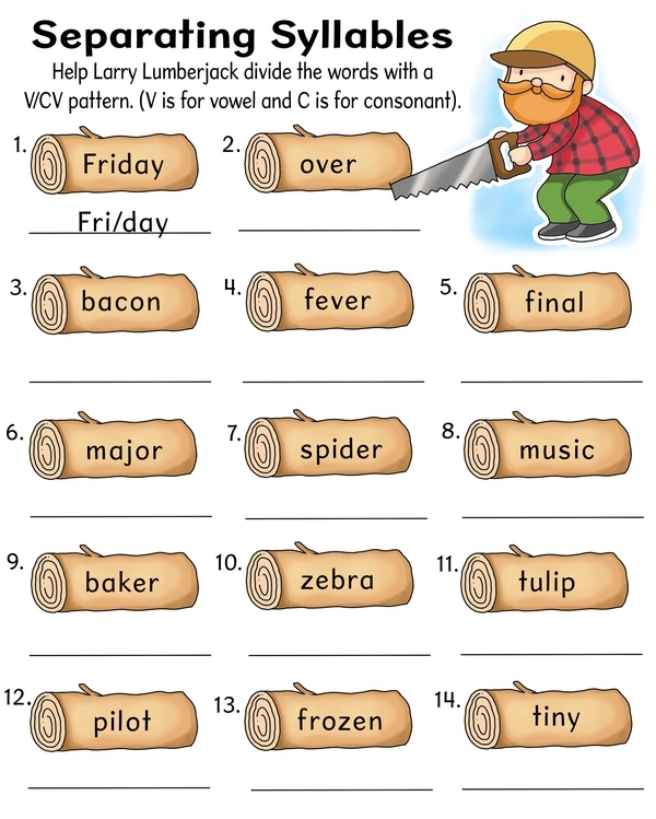 Children engaging with a VC/CV pattern worksheet to separate syllables