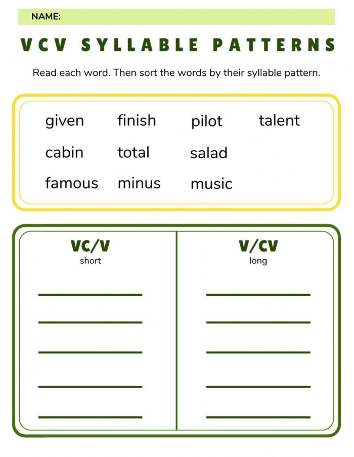 VCCV Syllable Patterns Worksheet Page 7 Handwriting Practice First grade worksheet page 7 showing VCCV syllable division exercises