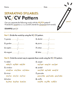 First grade student practicing the VC/CV syllable division pattern on a spelling worksheet