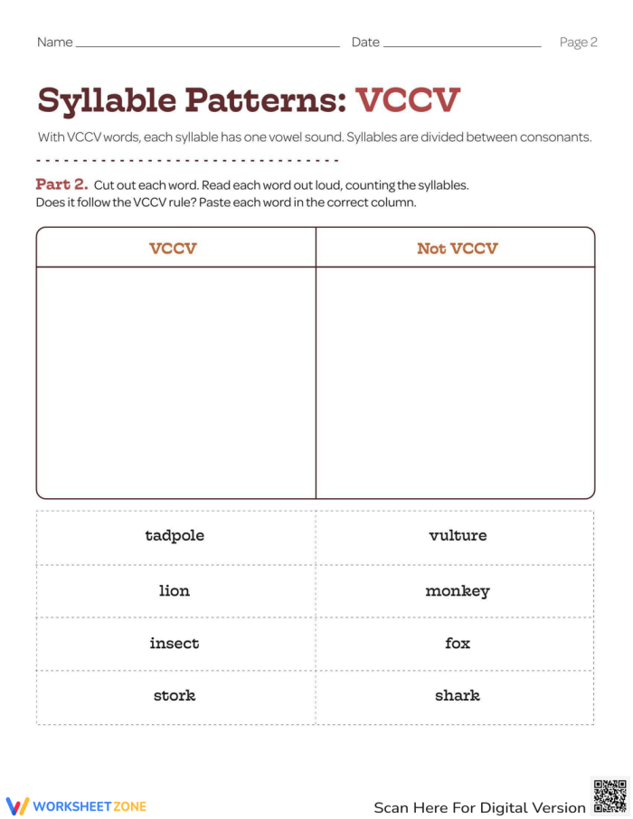 Children's worksheet for practicing VC/CV syllable separation