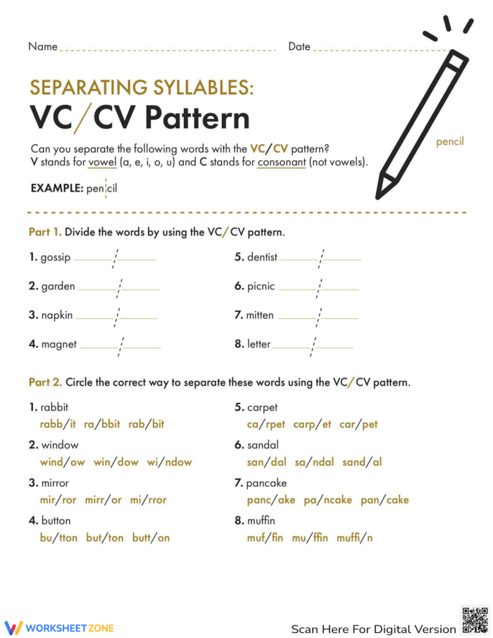 Separating Syllables VC/V Pattern Exercise 20 for Beginning Readers First grade VC/V syllable division practice worksheet showing students how to separate words into syllables
