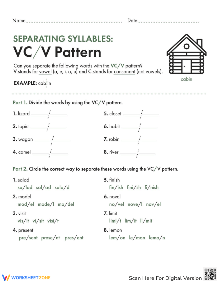First grade student worksheet for practicing the V/CV syllable division pattern