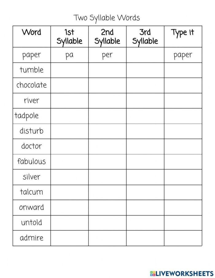 First grade worksheet for practicing the V/CV syllable division pattern