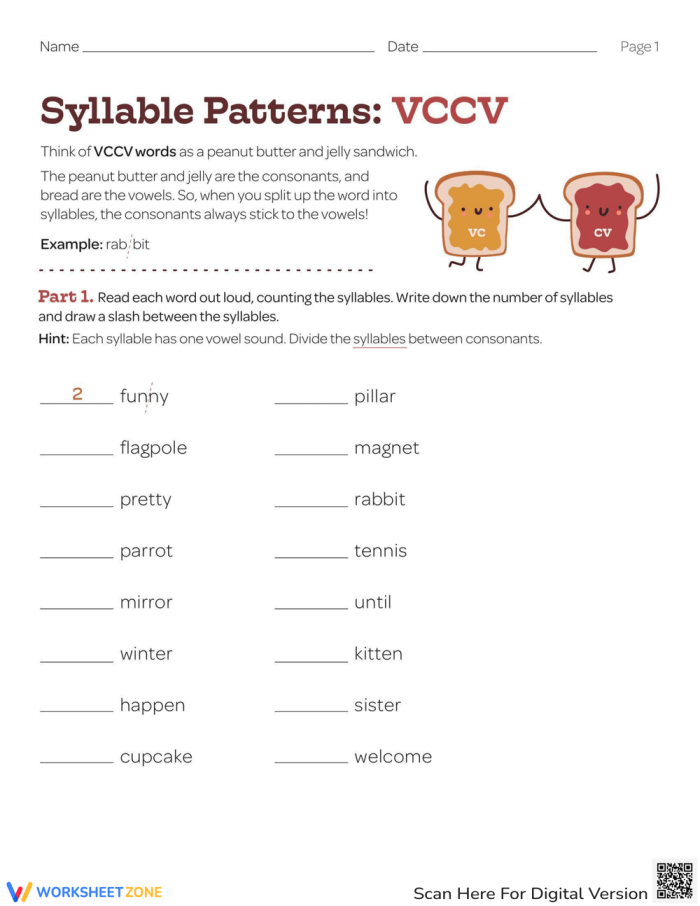 Worksheet focusing on separating syllables in V/CV words for first graders