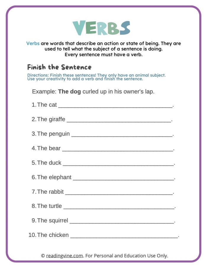 Get into Grammar: Fun Verb Fill-In Worksheet for First Graders First grade verb fill-in worksheet featuring cute illustrations to engage young learners