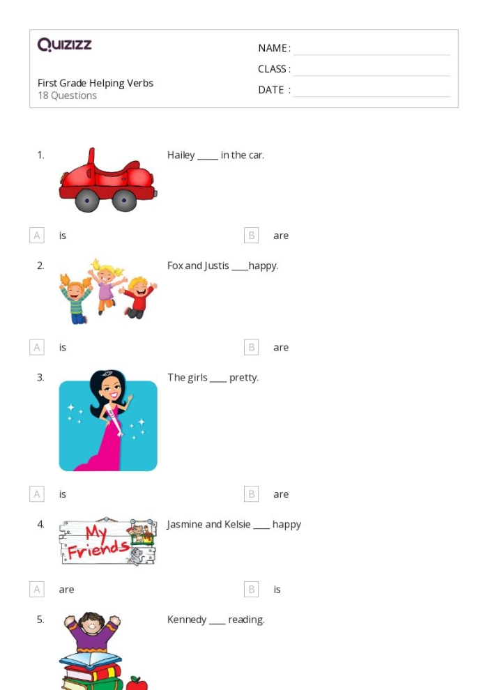 Algebra worksheet for First Grade First grade verb fill-in worksheet helping kids choose the correct verb forms. Fun and educational activity for young learners to improve their grammar skills.