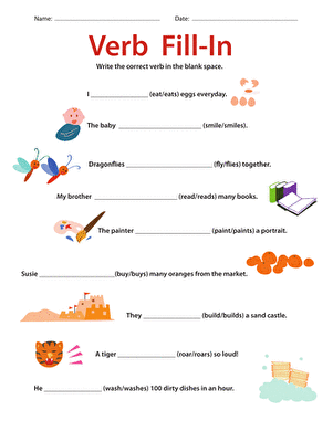 Algebra worksheet for First Grade Cute verb fill-in worksheet for first graders to practice grammar skills. Get into Grammar: Verb Fill-In worksheet for first grade students.