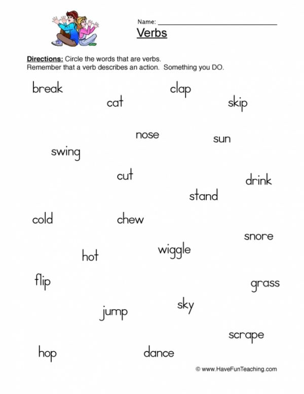 Algebra worksheet for First Grade Cute verb fill-in worksheet for first graders to practice grammar skills. Get into Grammar: Verb Fill-In worksheet for first grade learning.
