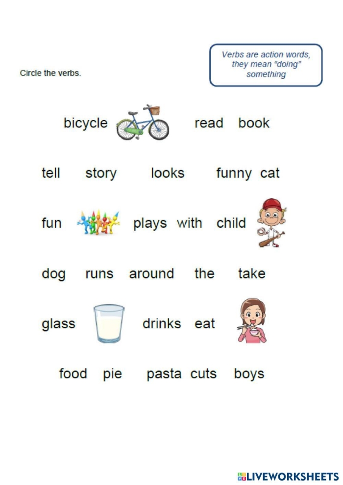 First grade worksheet for identifying verbs in sentences