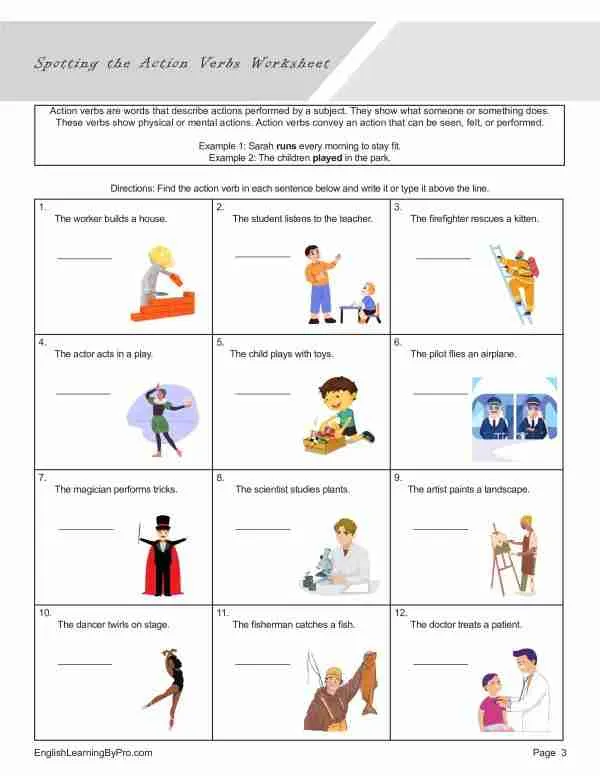 First grade worksheet for practicing verb identification skills