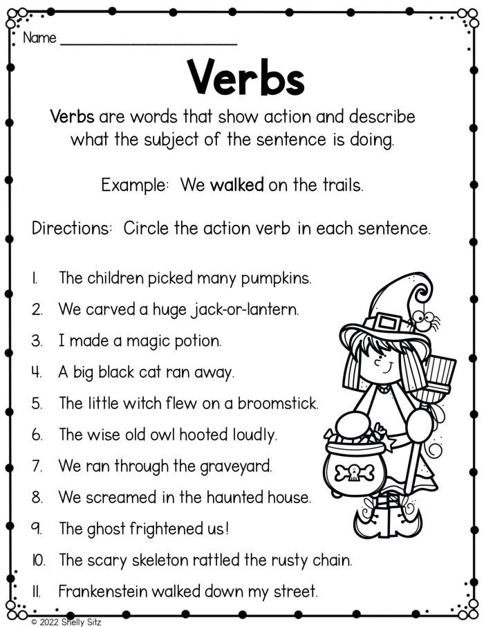 Worksheet for first graders focusing on identifying verbs in sentences