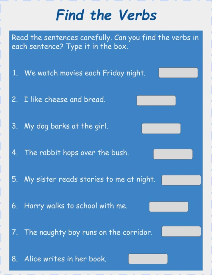 First grade student identifying action words in a fun grammar exercise