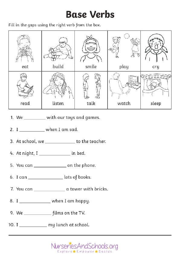 First grade fill in the verb worksheet with blank spaces for practice