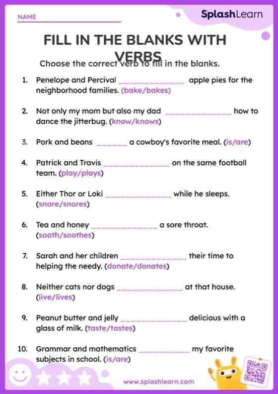Fill-in-the-blank worksheet designed for first graders to practice verbs