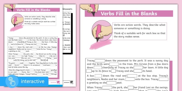 First grade student practicing verb identification with a fill in the blank grammar worksheet