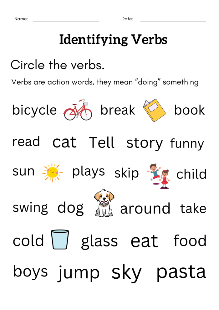 Interactive worksheet for first graders focusing on spotting verbs in sentences
