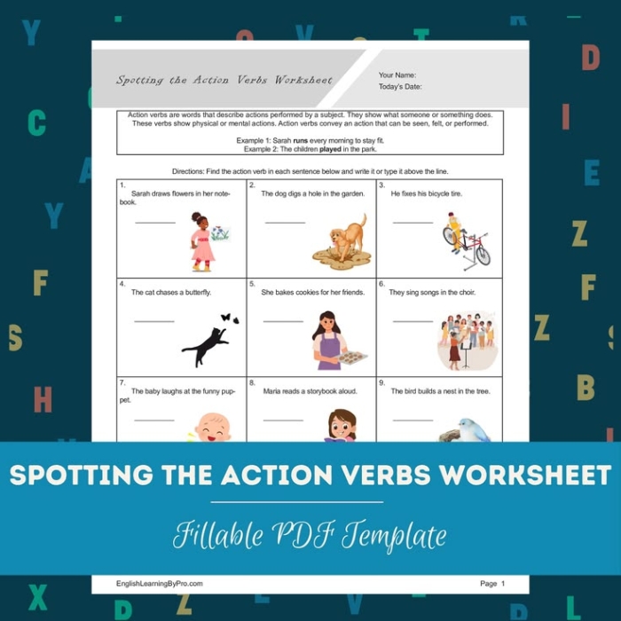 A colorful worksheet designed for first graders to spot and identify verbs in sentences. Engaging Spot the Verbs worksheet for first grade grammar practice.