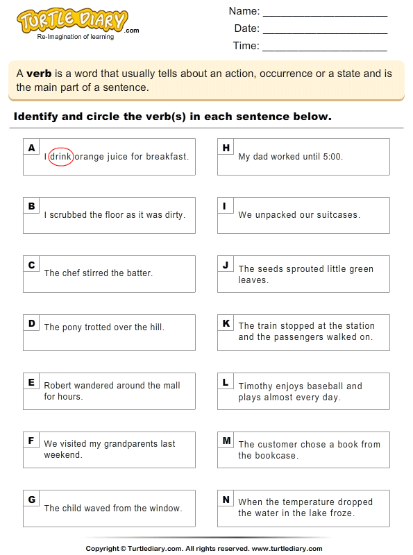 Verb identification practice activity for first graders lesson 8 First grade identifying verbs worksheet exercise 8 with sentence examples for verb recognition