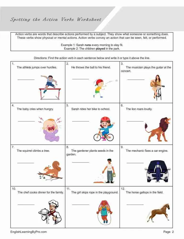 Colorful worksheet for first graders to practice spotting verbs in sentences