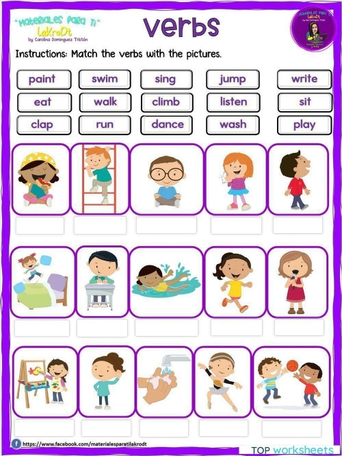Worksheet for first graders to practice spotting verbs in sentences