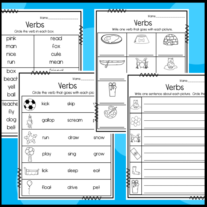 Worksheet for first graders to practice spotting verbs in sentences