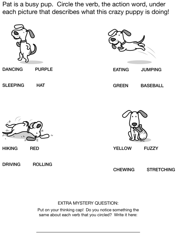 Worksheet designed for first graders to practice spotting verbs in sentences