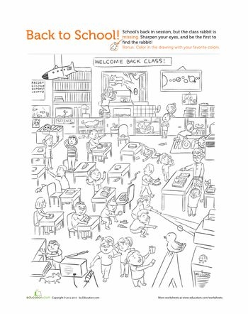 First grade hidden object worksheet where students search for a missing class rabbit that escaped its cage on the first day of school