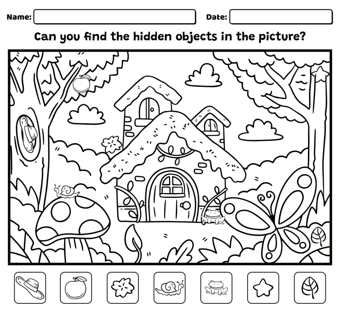 First grader searching for hidden rabbit among back to school classroom objects and supplies