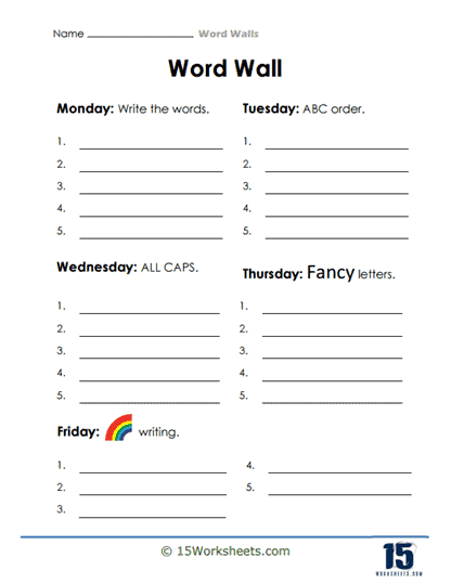 First graders explore words that correspond with clues in the What's on the Word Wall? addition worksheet. Engaging word wall activity for young learners to enhance vocabulary.